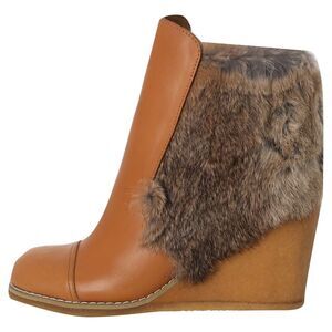 See by Chloé Fur-Trimmed Wedge Ankle Boots in Brown Leather
